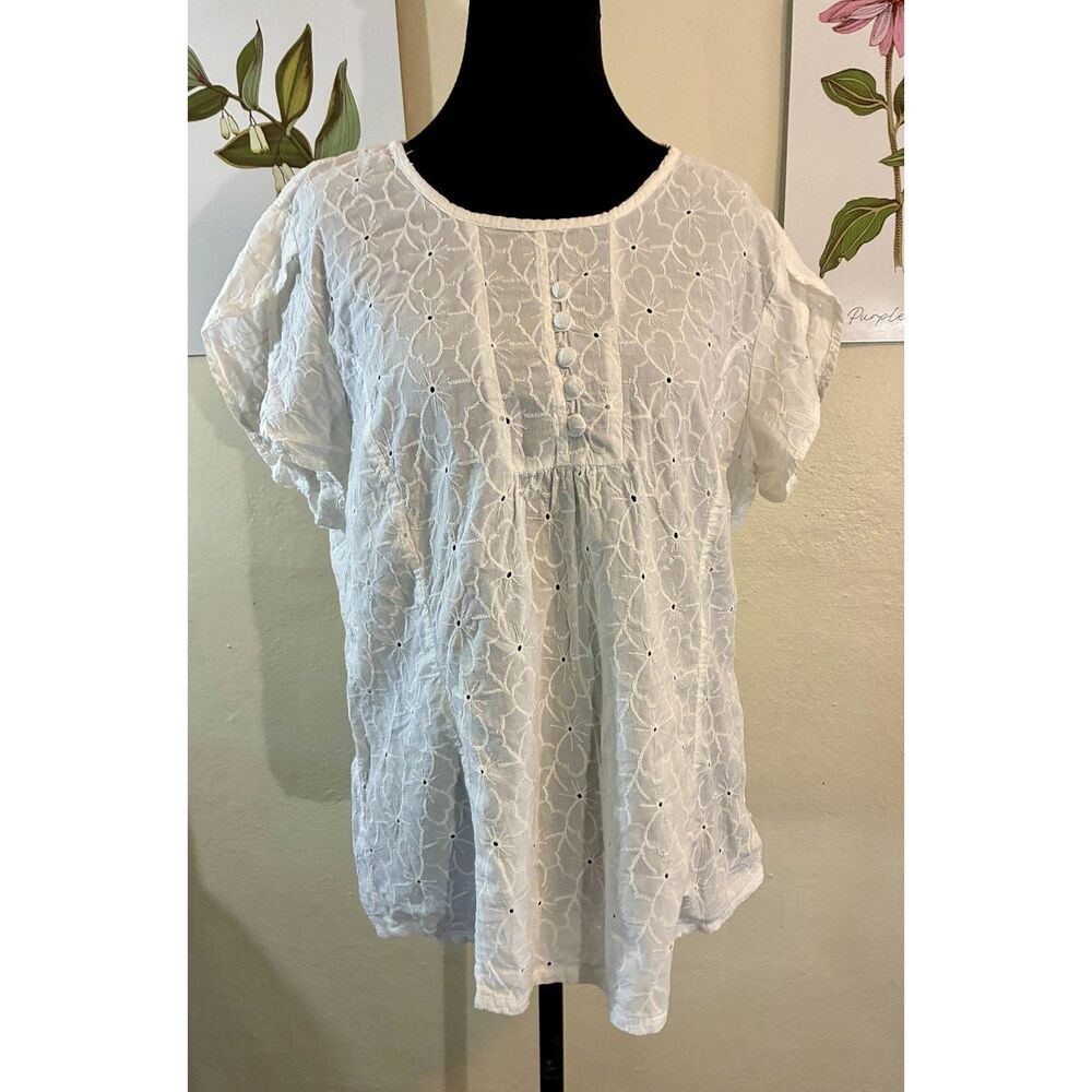 White Eyelet Peasant Blouse Caribbean Joe Size L 100% Cotton